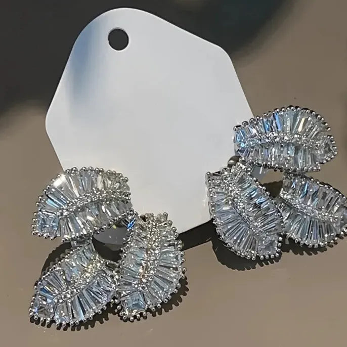 Silver Leaf Geometric Drop Earrings with Cubic Zirconia for Women Copper Alloy