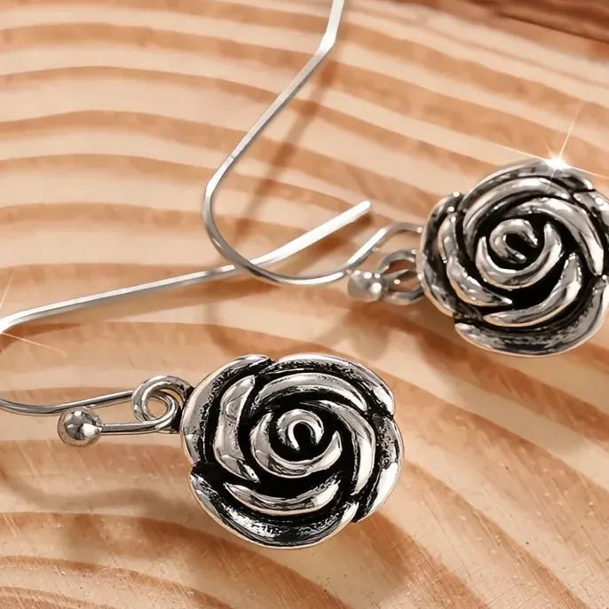 Vintage Silver Rose Drop Earrings Copper Alloy Jewelry Gift for Women