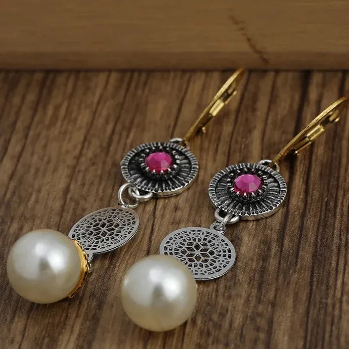 Vintage Bohemian Alloy Pearl Drop Earrings Women Sunflower Pendant Jewelry Gift