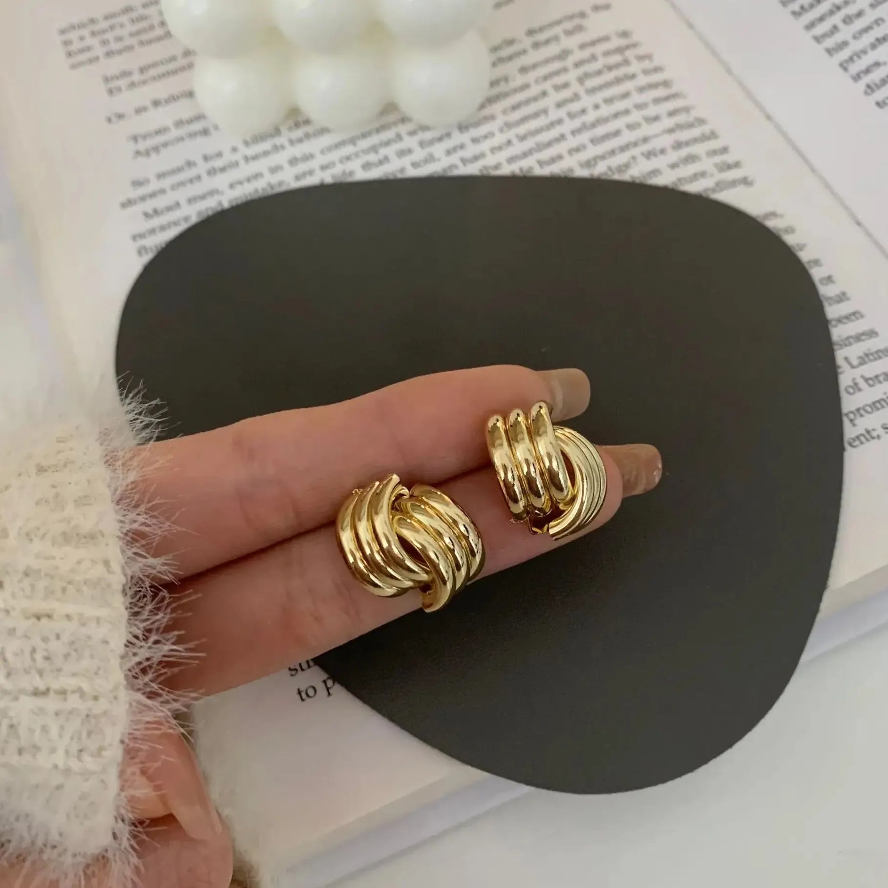 Gold Copper Alloy Three-Layer Textured Knot Earrings Women Vintage Jewelry
