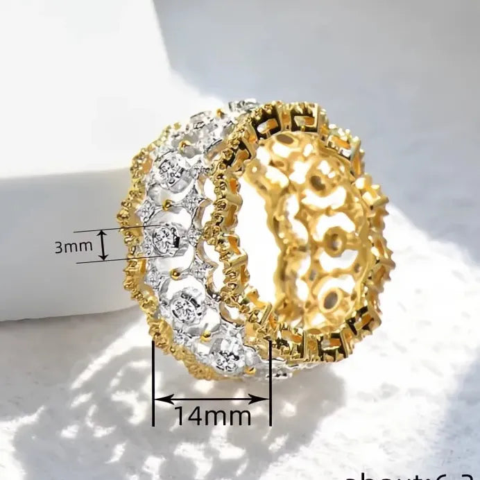 Two-tone Hollow-out Brass Wedding Band with Sparkling Zirconia for Women