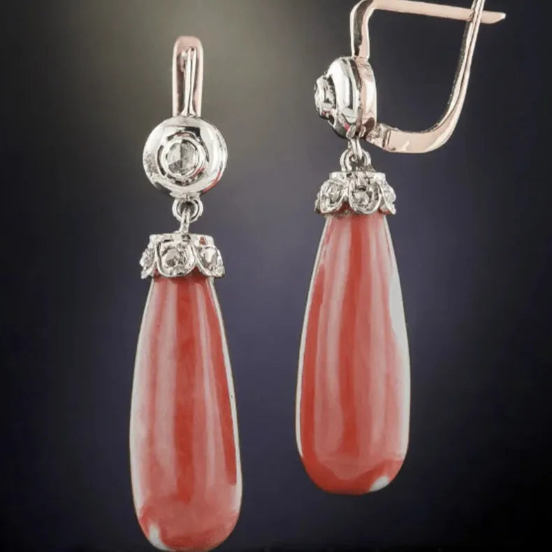 Vintage Copper Drop Earrings with Sparkling Zircon Red Coral Stone for Women