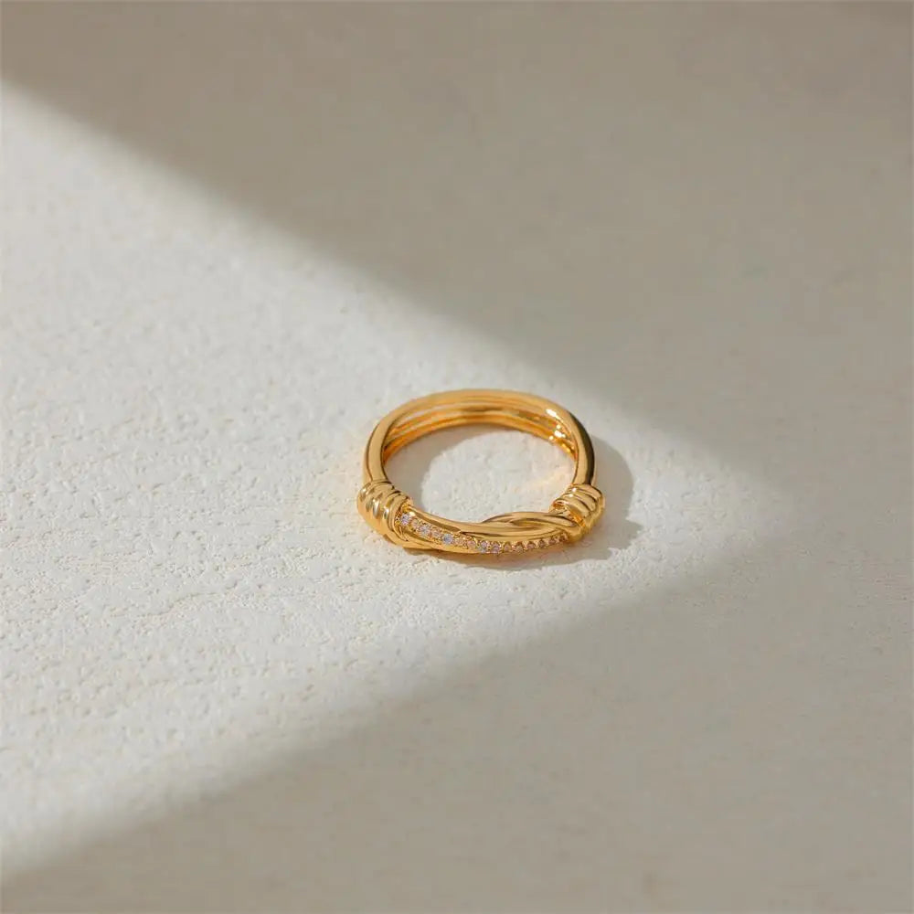 18K Gold Plated Zircon Twist Bilayer Circle Wedding Ring for Women Bride Jewelry