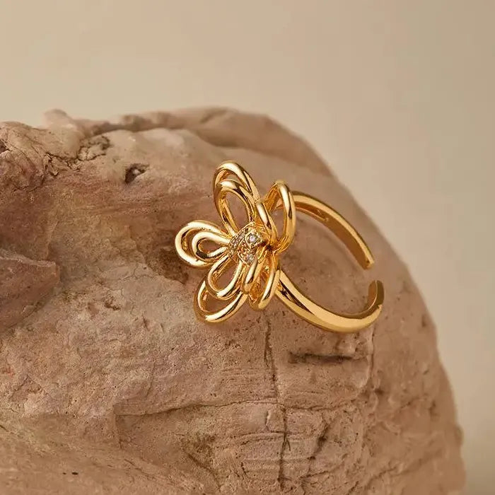 Adjustable Silver Zircon Skeleton Flower Ring for Women Copper Jewelry Gift