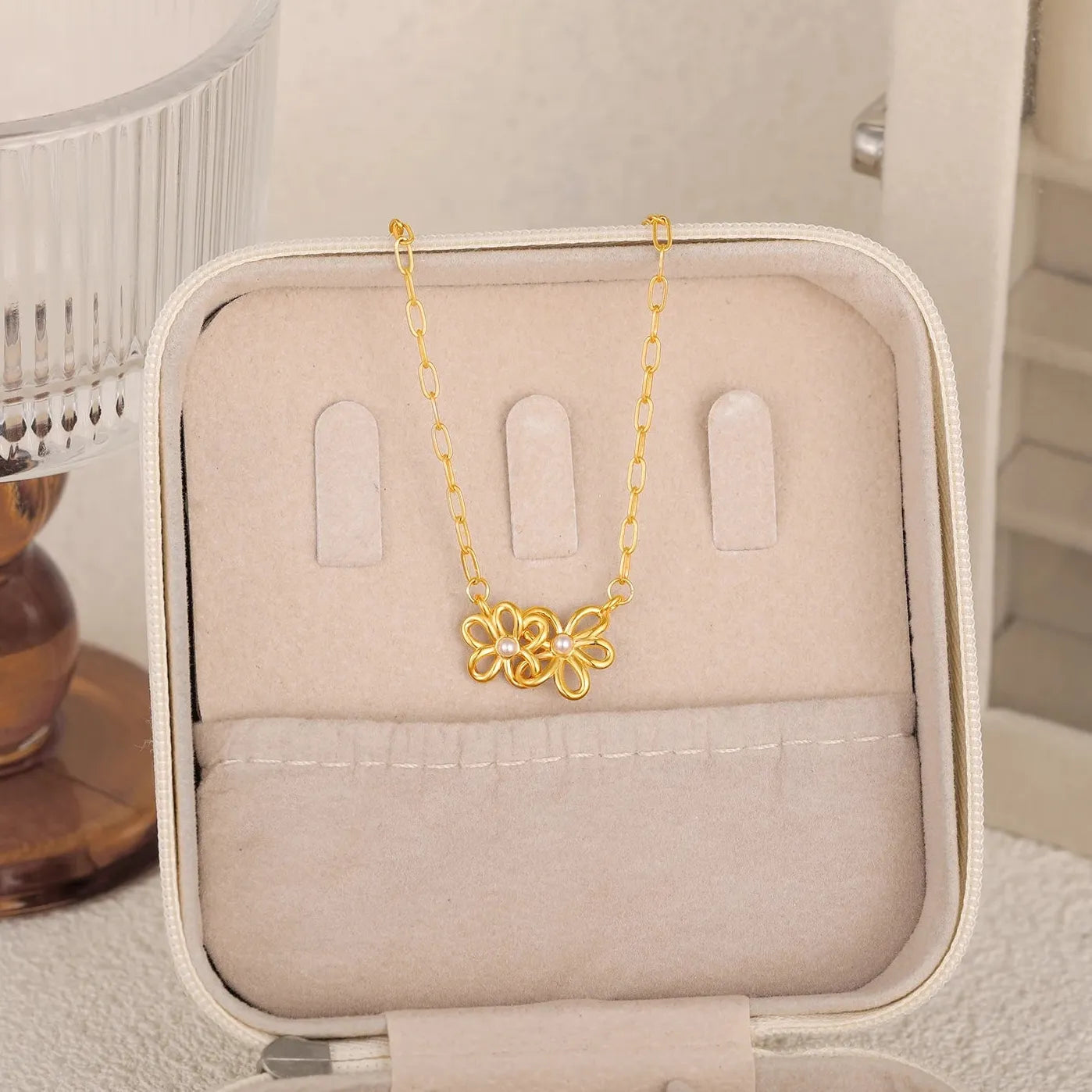 18K Gold Plated Double Flower Stainless Steel Adjustable Bracelet for Women Girls
