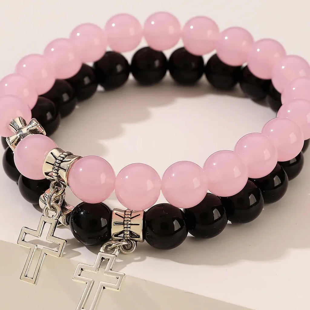 2Pcs Pink Crystal Beads Cross Bracelets Natural Stone Couple Jewelry Gift Set