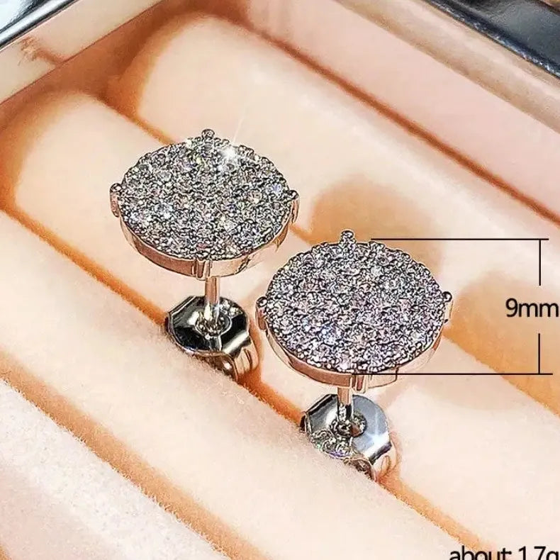 Round Stud Earrings with Shiny CZ Stone Silver Gold Copper Metal Jewelry Women