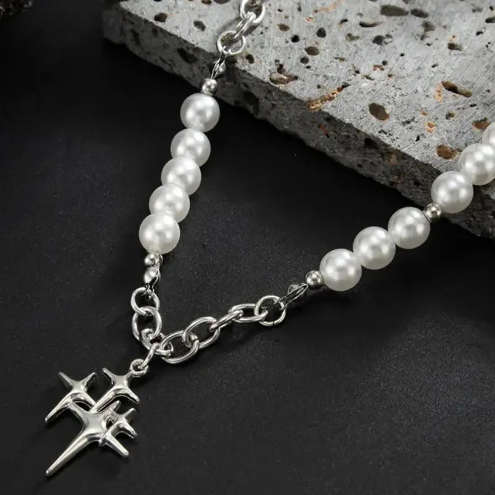 Hiphop Rock Star Pendant Necklace for Men Women Pearls Jewelry Urban Style
