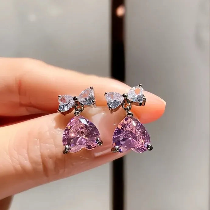 Pink Crystal Cubic Zirconia Drop Earrings Romantic Wedding Jewelry Brass Alloy