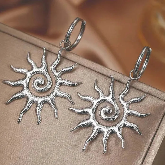 Vintage Stainless Steel Spiral Sunflower Drop Earrings for Women Gold Silver