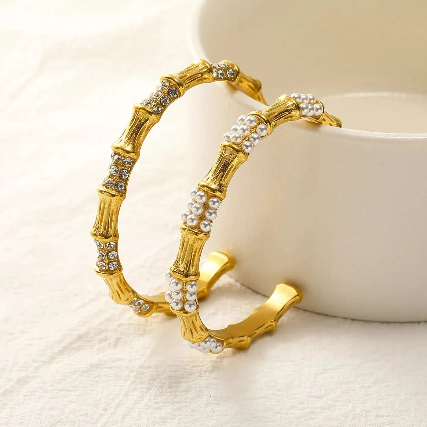 18K Gold Open Bamboo Pearl Bangle CZ Zircon Waterproof Bracelet for Women