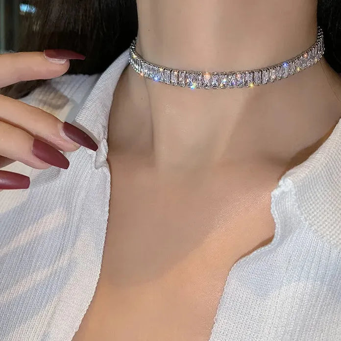 Stainless Steel Zircon Circle Pendant Necklace for Women Adjustable Choker Jewelry