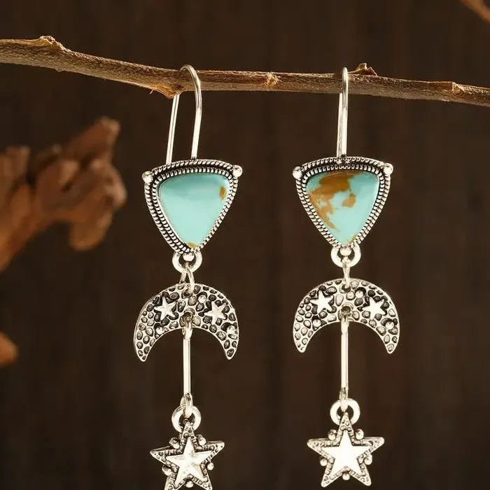 Bohemian Retro Triangle Blue Green Stone Earrings Zinc Alloy Star Moon Pendant