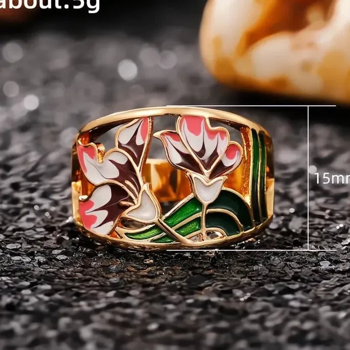 Handmade Brass Enamel Geometric Flower Ring for Women Wedding Jewelry