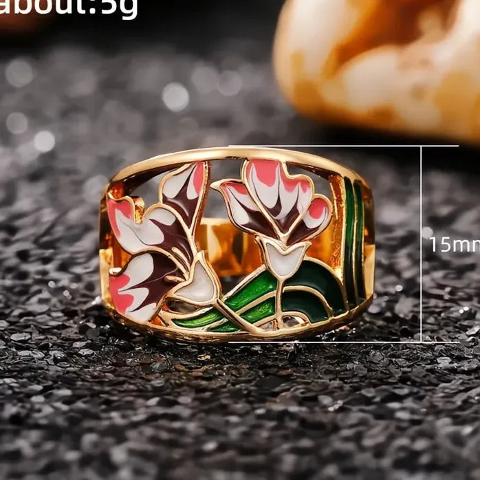 Handmade Brass Epoxy Flower Rings for Women Wedding Party Jewelry