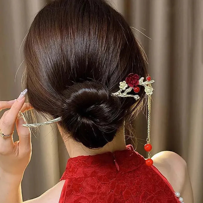 Vintage Chinese Red Rose Alloy Tassel Hair Stick for Women Hairpin
