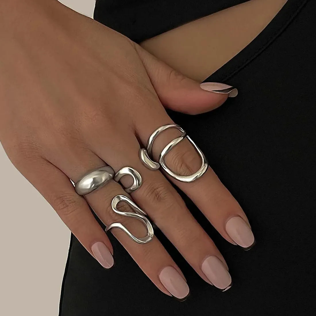 4Pcs Vintage Geometric Open C Shape Ring Set for Women Fashion Jewelry