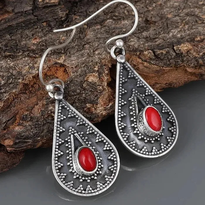 Bohemian Red Synthetic Stone Drop Earrings Women’s Retro Carved Geometric Jewelry