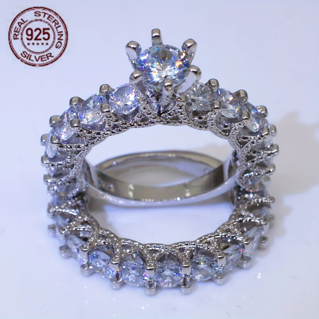 2PCS 925 Sterling Silver AAAAA Zircon Wedding Ring Set Women Engagement