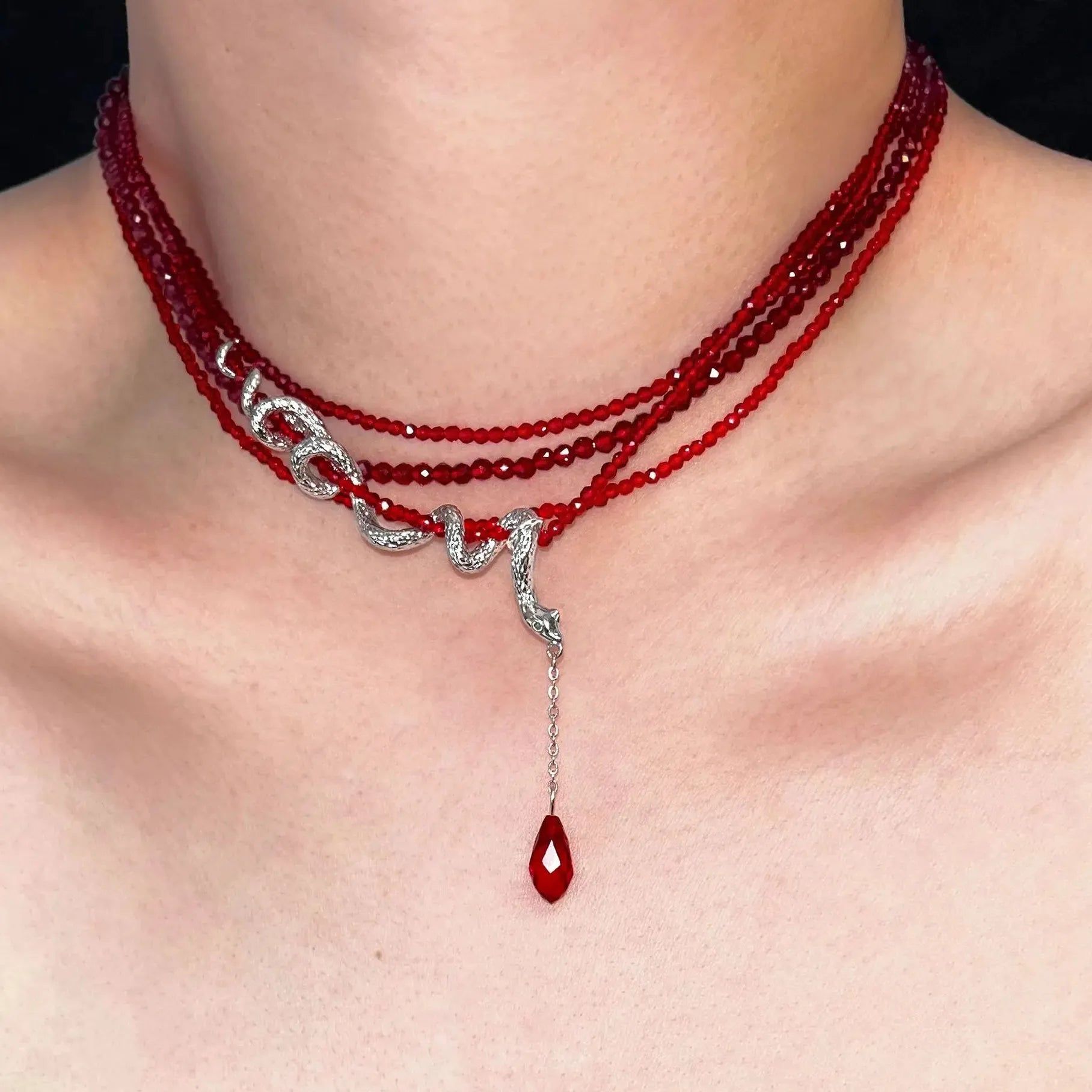 Acrylic Gothic Snake Pendant Necklace for Men Women Punk Red Crystal Beads