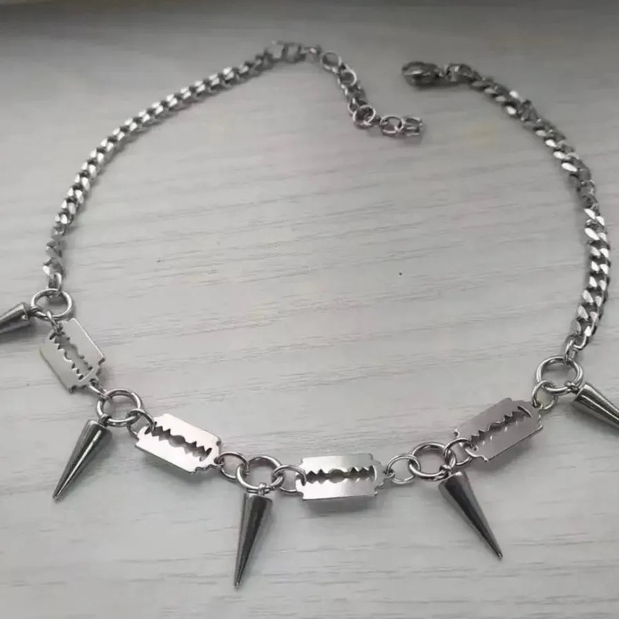 Hiphop Punk Razor Blade Rivet Tassel Geometric Metal Chain Necklace Unisex Stainless Steel Gift