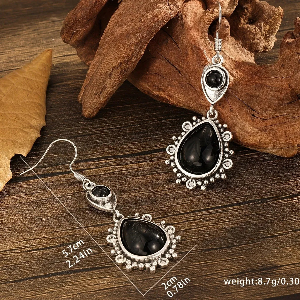Retro Black Stone Geometric Hollow Lace Pendant Drop Earrings for Women