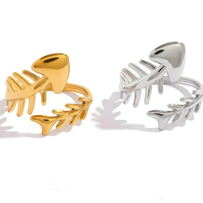 Adjustable Stainless Steel Fish Bone Open Ring for Women Gold Tone Jewelry Symbolic Gift