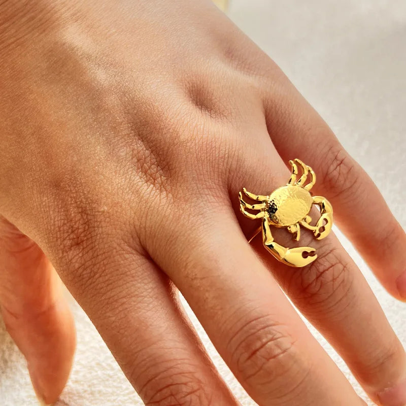 18K Gold Plated Stainless Steel Adjustable Crab Ring for Women Girls Summer Jewelry
