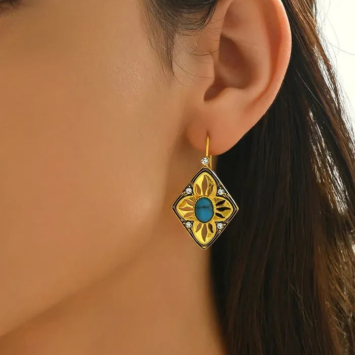 Vintage Ethnic Diamond Hollow Sunflower Drop Earrings with Synthetic Turquoise for Women