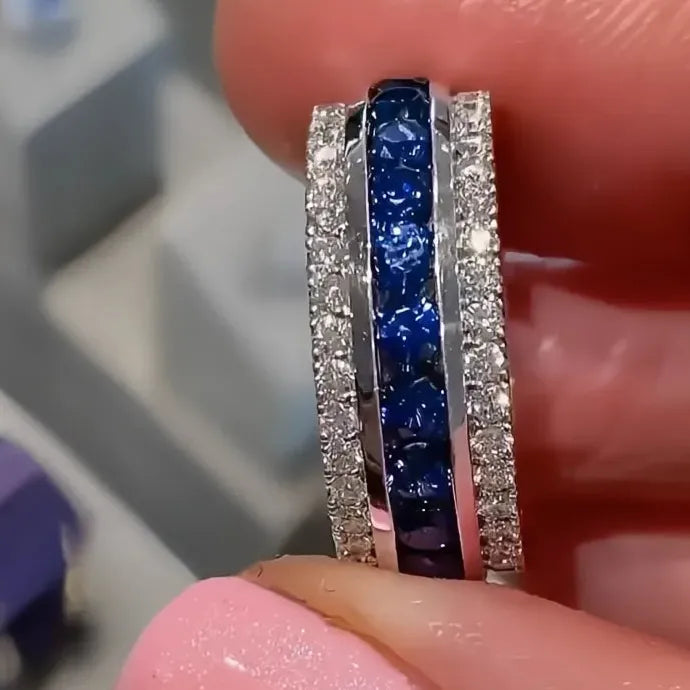 Blue White Cubic Zirconia Geometric Brass Wedding Band Ring for Women