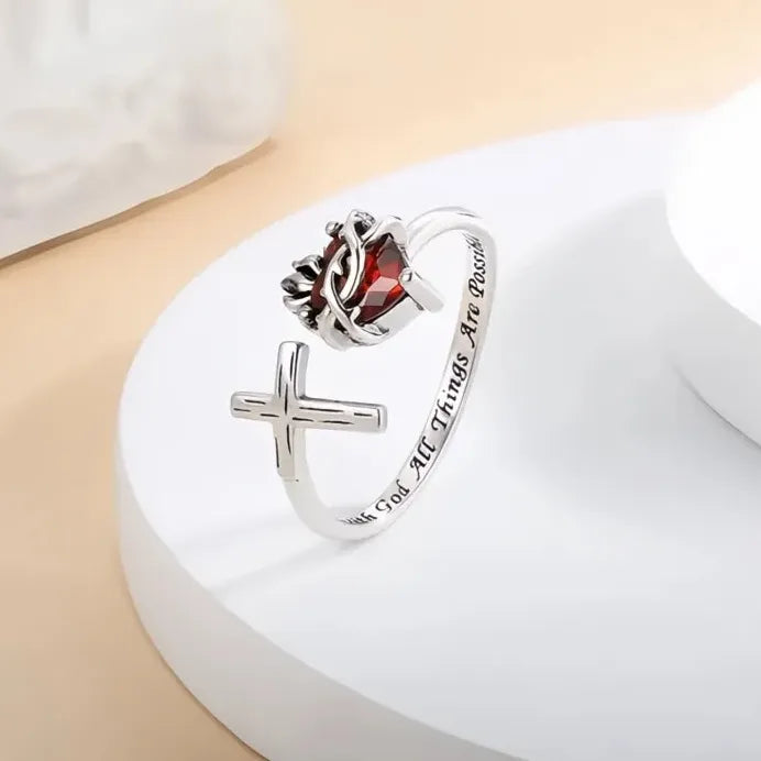 Adjustable Women’s Silver Cross Ring with Red Heart CZ Stone