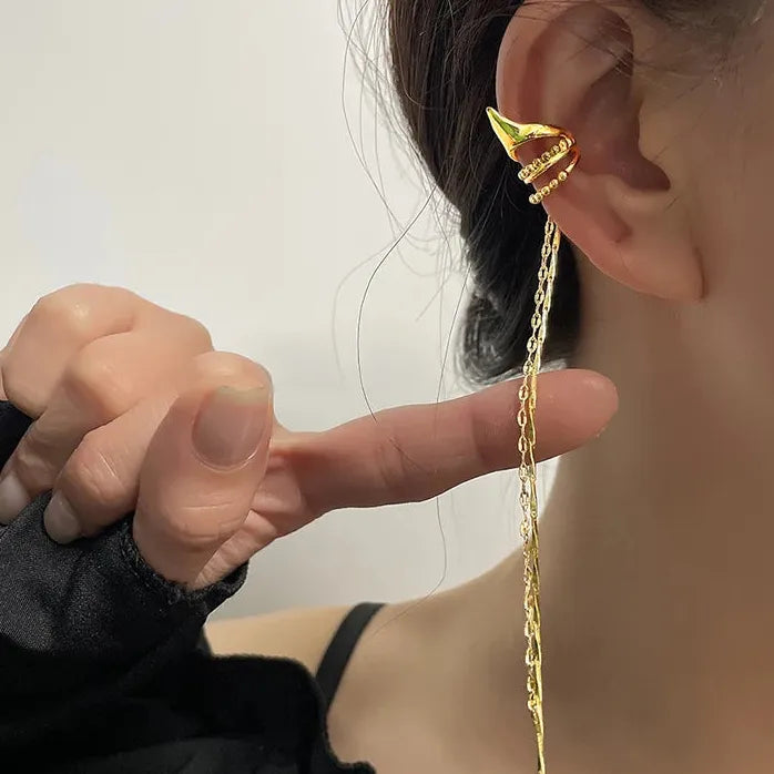 Punk Black Asymmetric Moon Star Clip Earrings Tassel Ear Cuff Jewelry