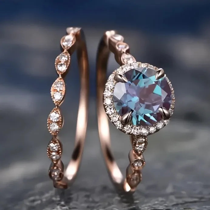 2Pcs Rose Gold Wedding Rings Set Thin Band Blue Cubic Zirconia Stones