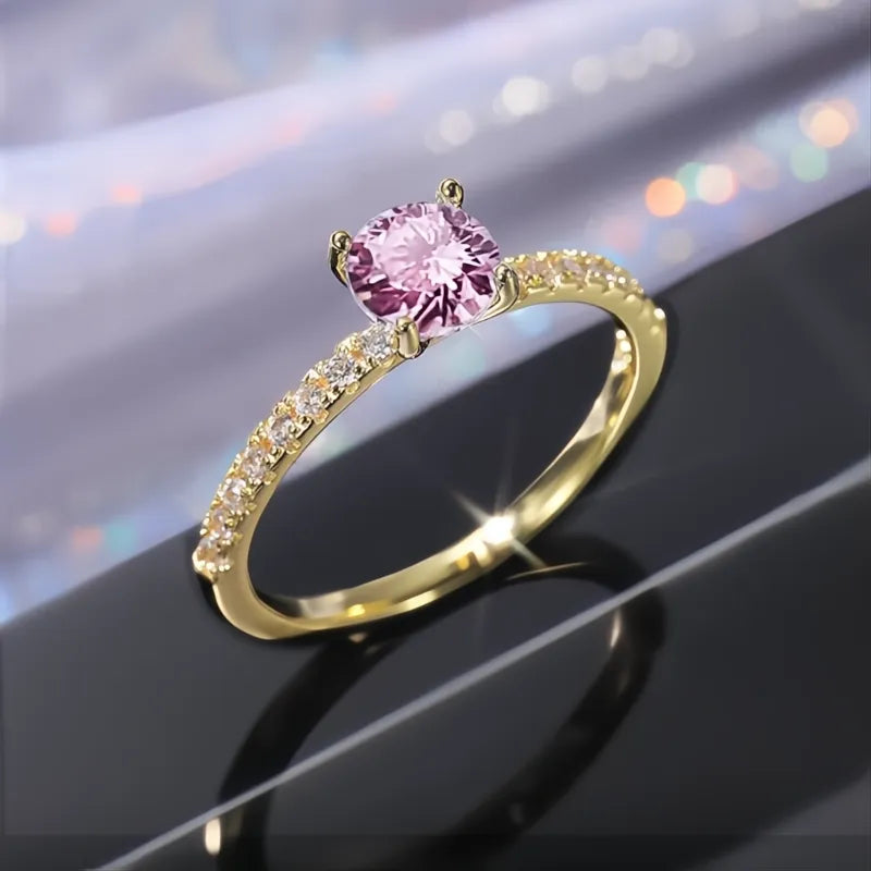 4-Prong Cubic Zirconia Wedding Ring for Women Brass Band Simple Fashion Proposal Jewelry