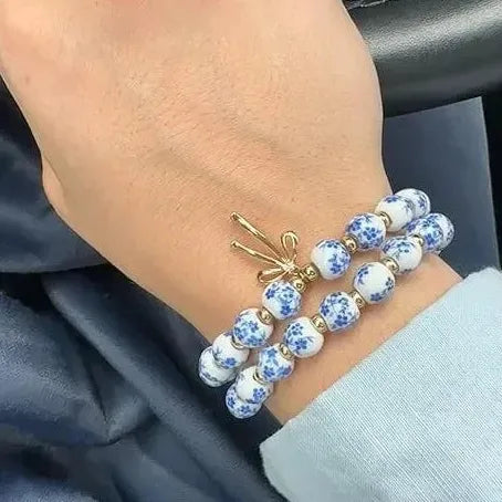 Blue White Porcelain Bead Bracelet Bowknot Charm Elastic Cord Copper Gift Jewelry