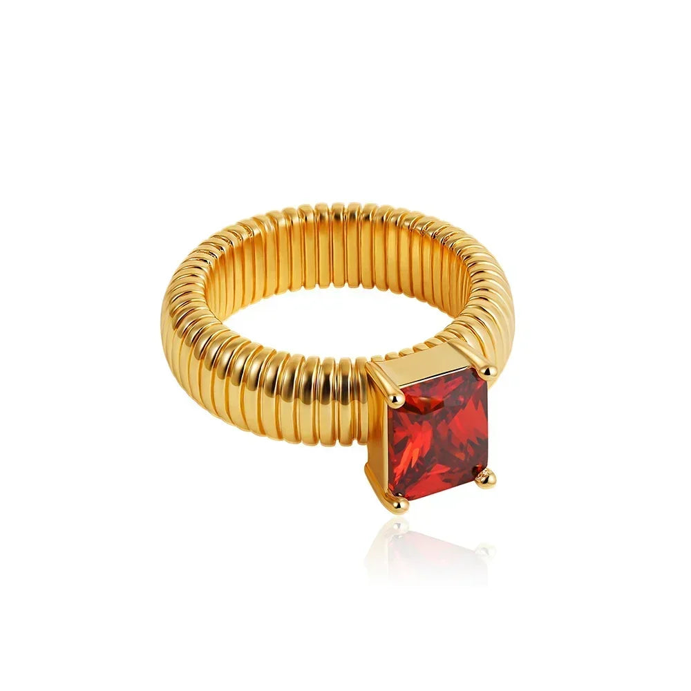 Stainless Steel Chunky Square Crystal Zircon Multicolor Wedding Ring Female Retro