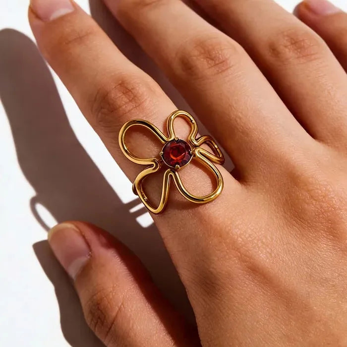 Stainless Steel Women’s Irregular Flower Ring Green Zircon Trendy Jewelry 2026