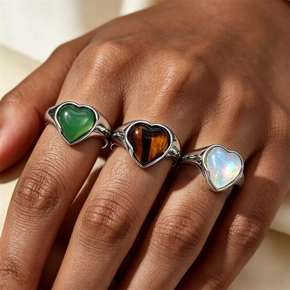 Europe Style Heart Shape White Opal Stainless Steel Wedding Ring Punk Jewelry Waterproof Anti-Allergic