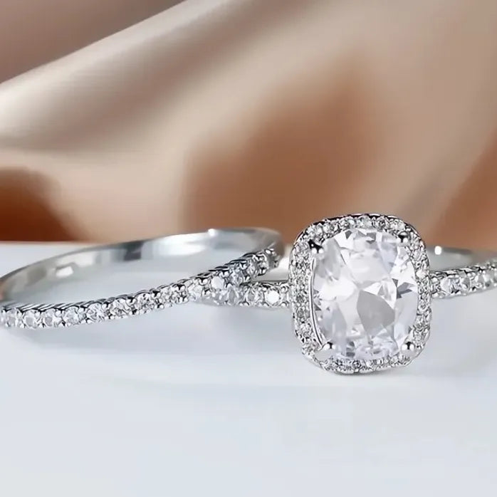 Elegant 2Pcs Women Bridal CZ Inlaid Geometric Wedding Engagement Ring Set