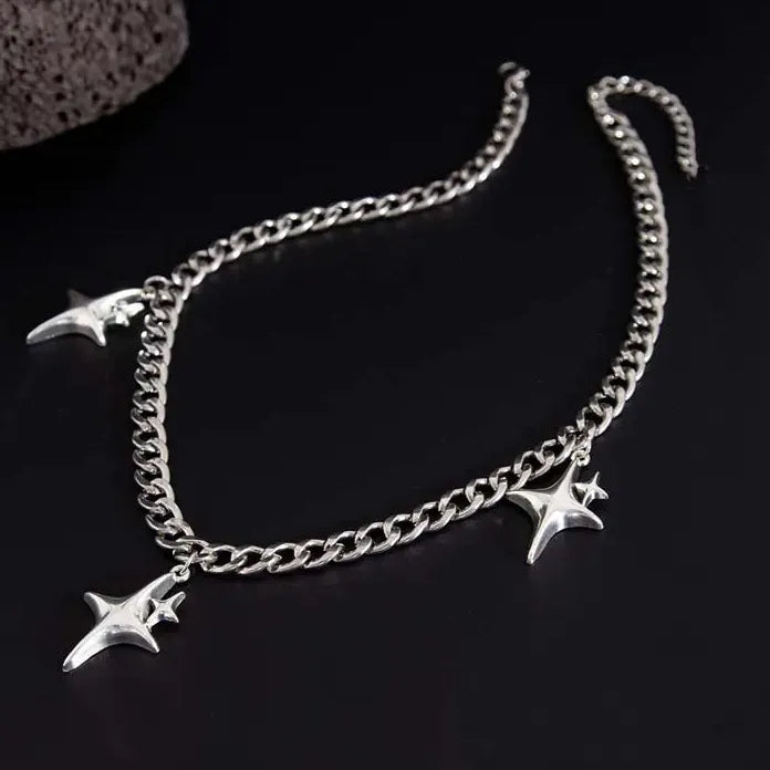 Silver Star Pendant Necklace Gothic Hip Hop Cuban Chain Y2K Jewelry Trendy