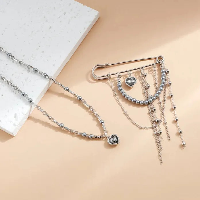 Black Crystal Heart Pearl Tassel Brooch & Pendant Necklace Zinc Alloy