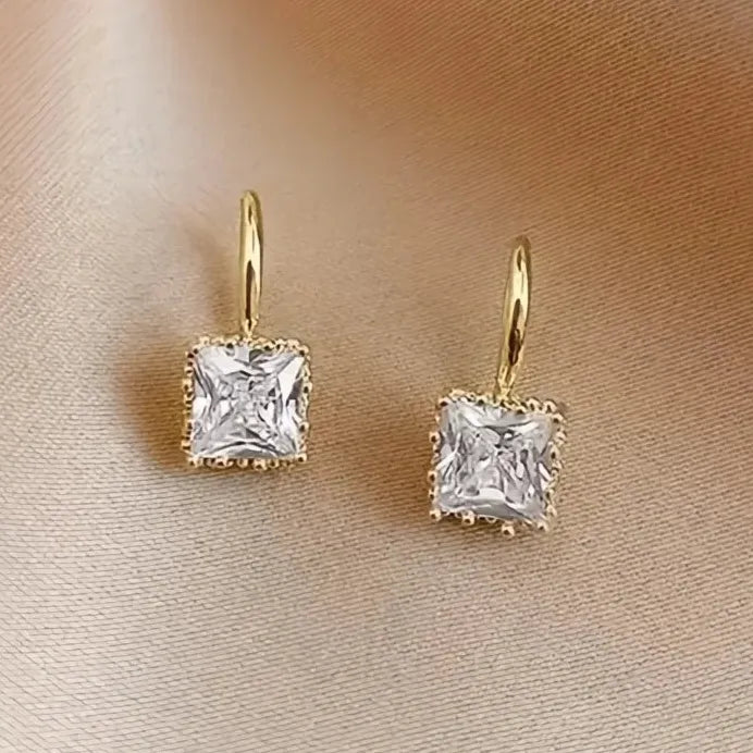 Dainty Square Cubic Zirconia Drop Earrings for Women Wedding Jewelry