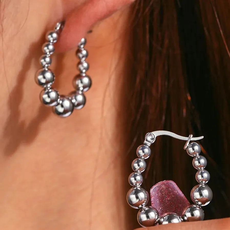 Geometric Stainless Steel Beaded Hoop Earrings for Women Classic Jewelry Gift