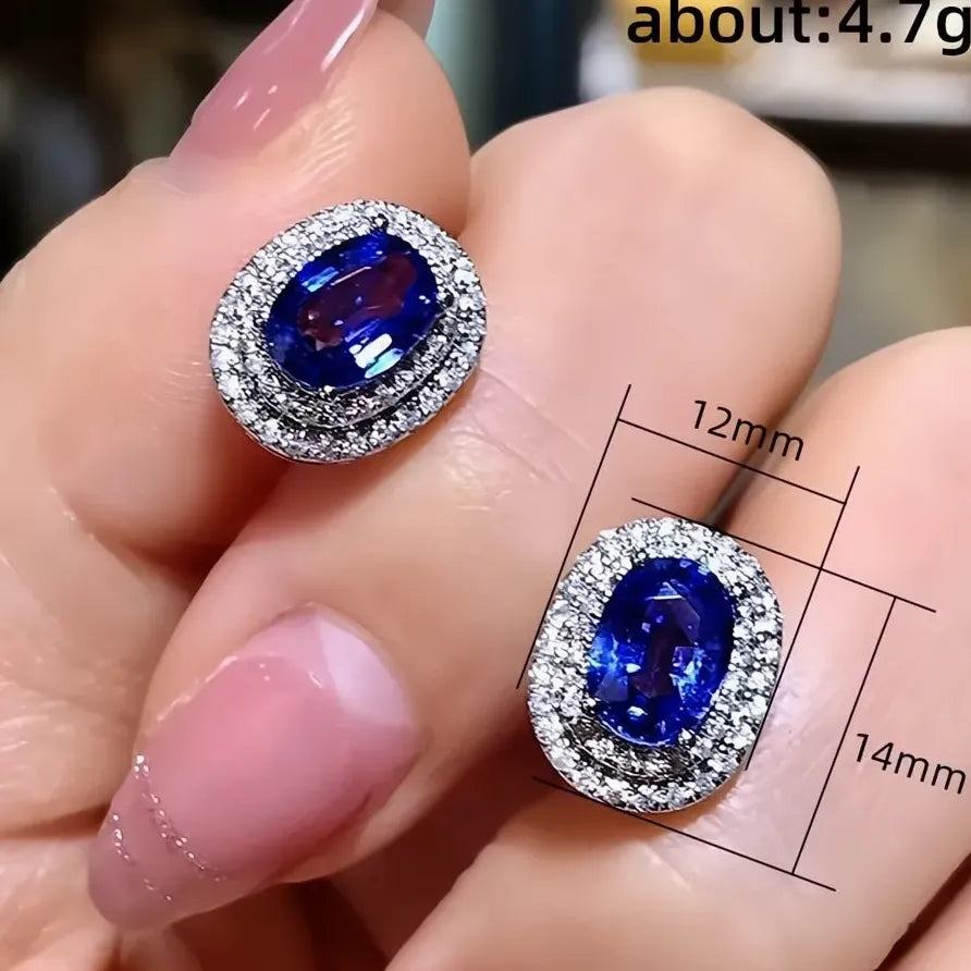 Blue White CZ Oval Geometric Stud Earrings for Wedding Party Women