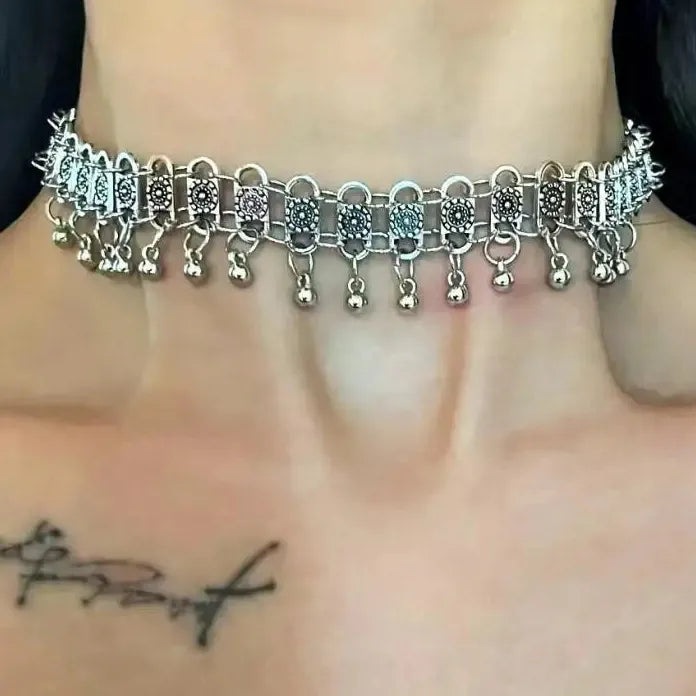 Silver Tassel Small Bells Necklace Choker for Women Men Punk Jewelry