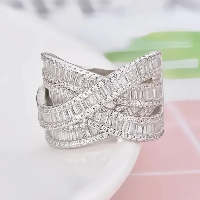 Brass Cubic Zirconia Cross Wedding Band Ring for Women Stylish Jewelry