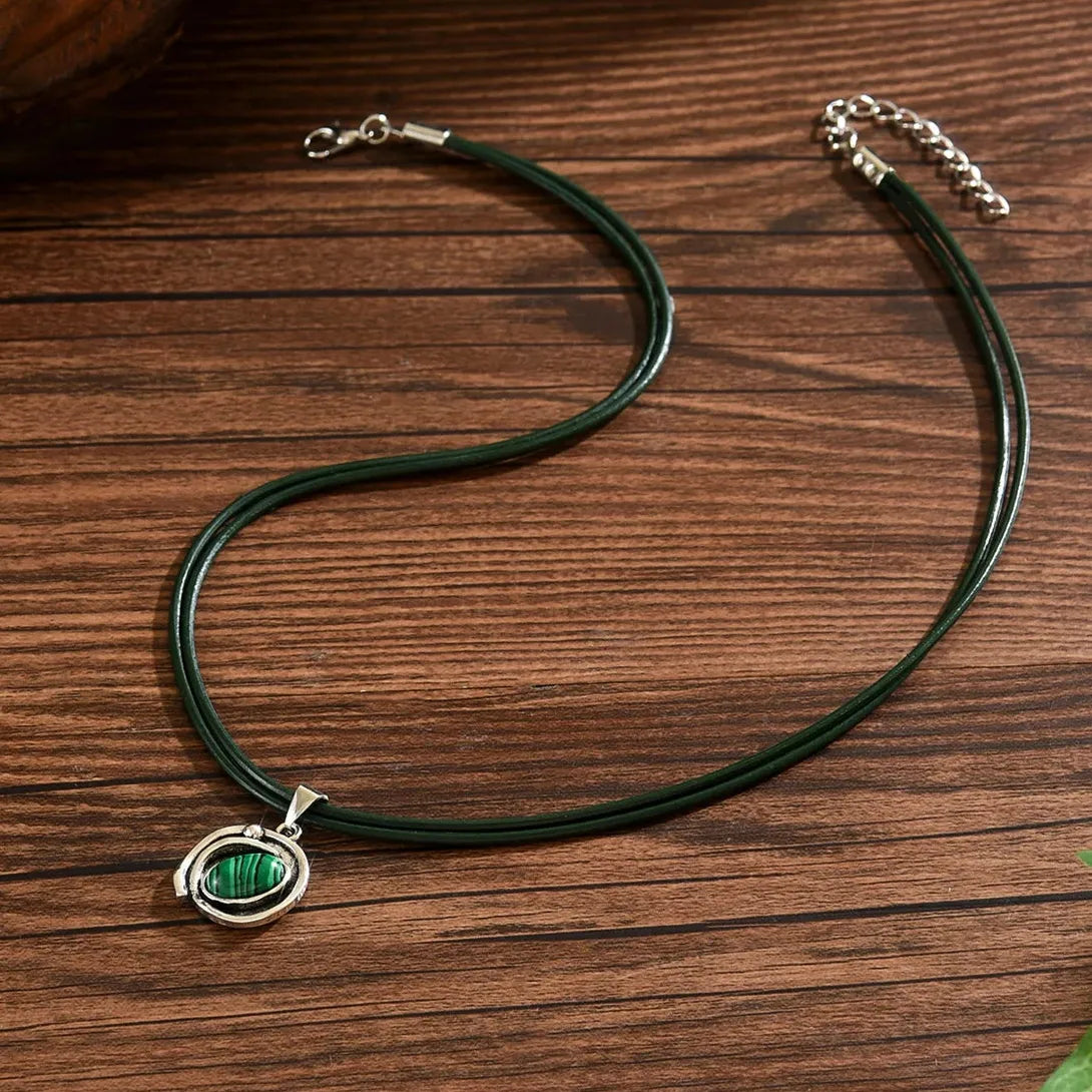 Vintage Bohemian Green Resin Oval Jewelry Set Zinc Alloy Necklace Earrings Gift