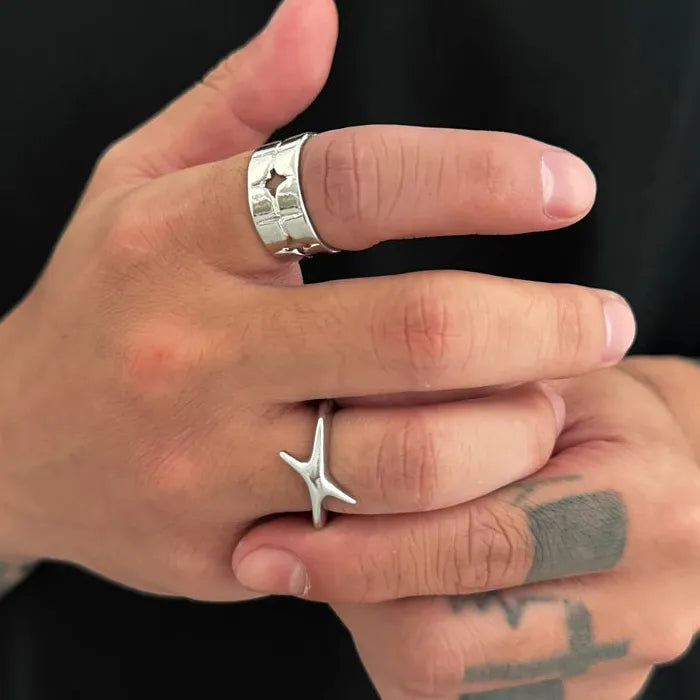 Unisex Punk Silver Four Star Open Ring Hip Hop Y2K Fashion Jewelry