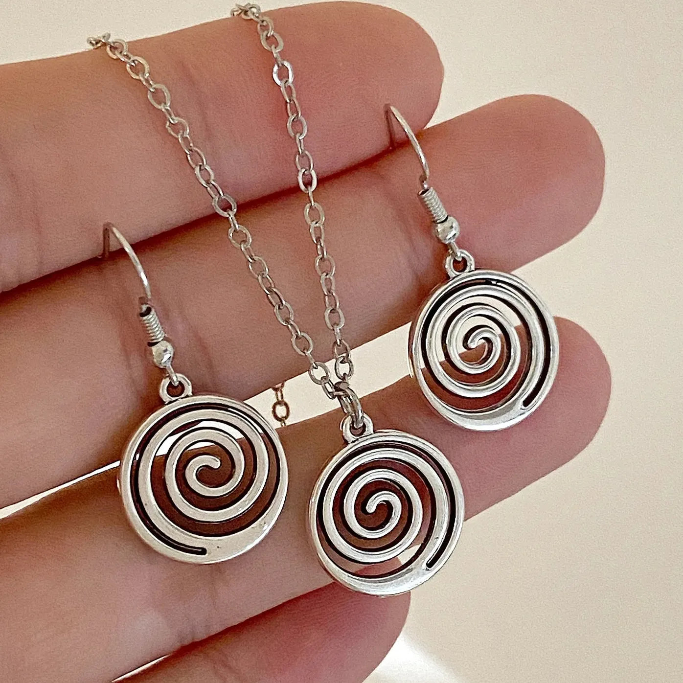 Vintage 90s Silver Spiral Vortex Jewelry Set Earrings and Necklace Women