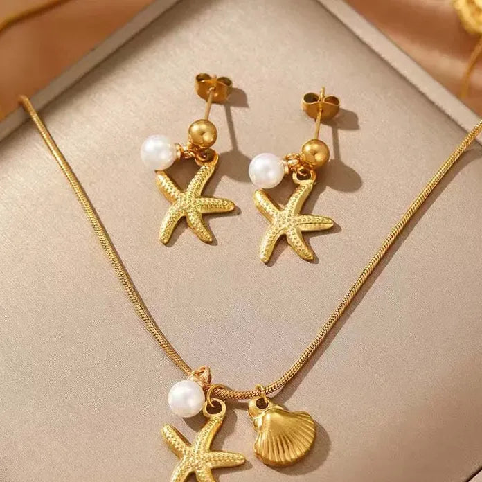 Stainless Steel Starfish Pendant Necklace for Women Gold Chain Choker Jewelry Set